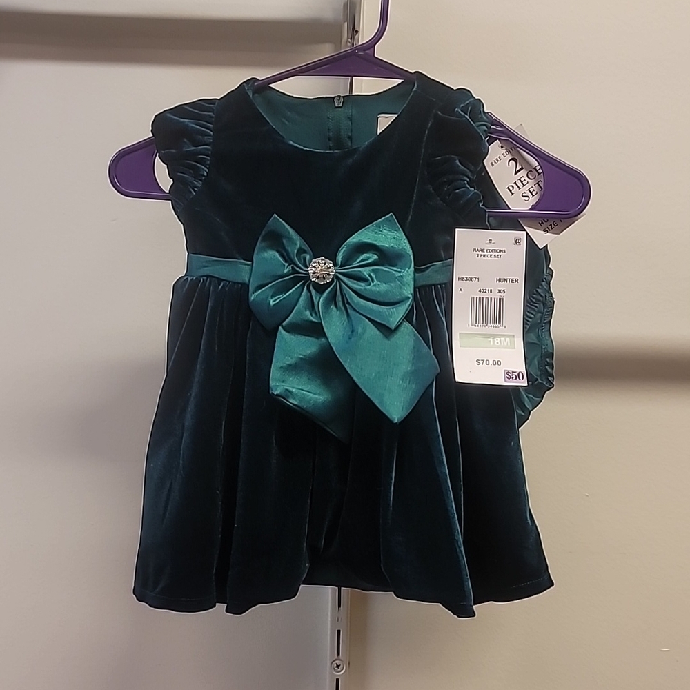 Baby Velvet Dress with Bow - Teal